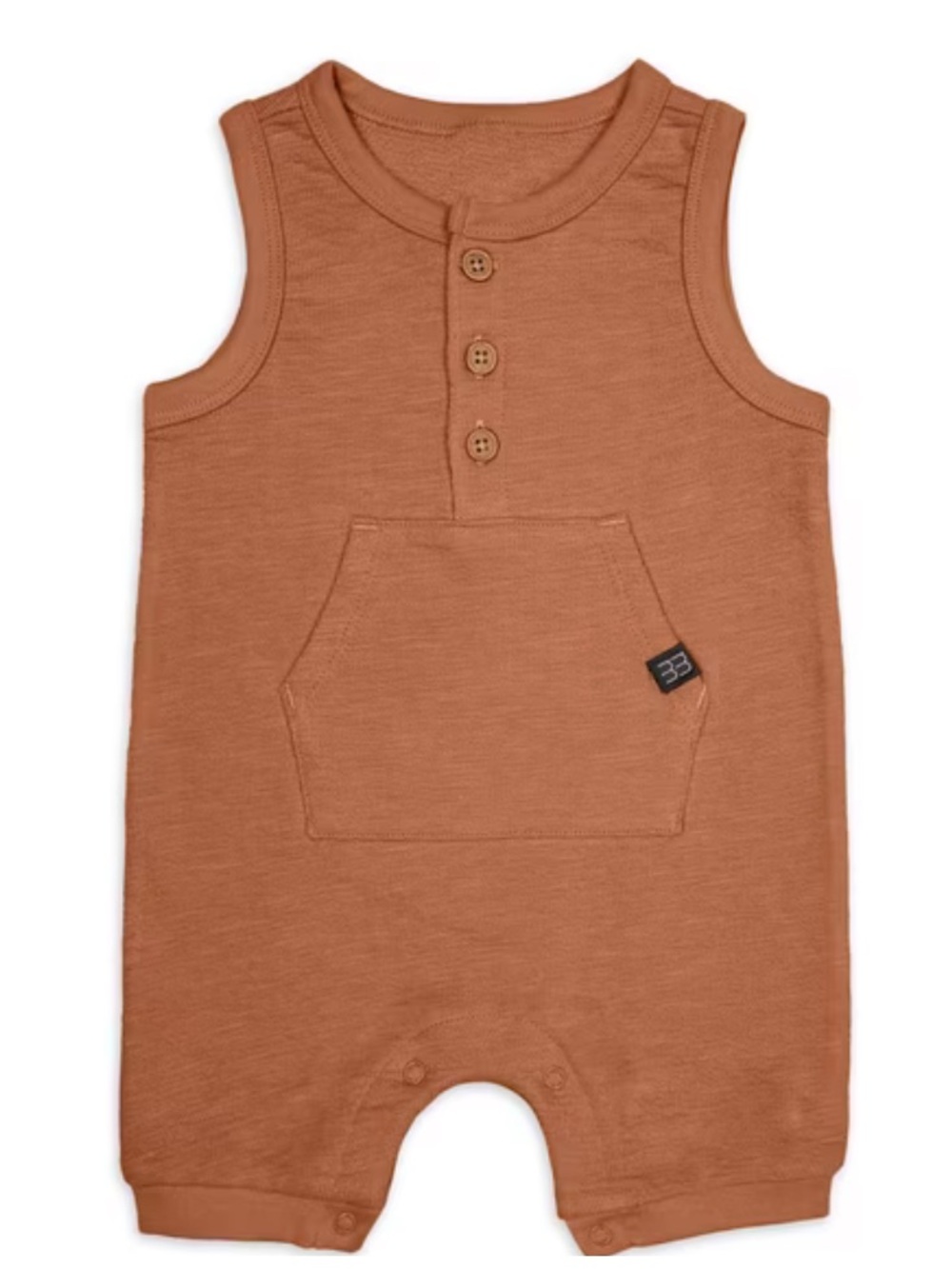 Sleeveless Baby Romper in Rust with Front Pocket